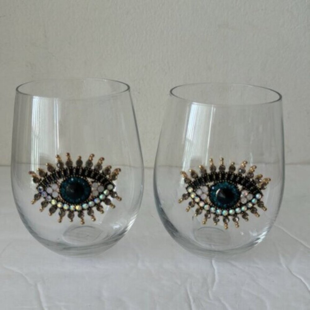 Rachel Zoe 2 Pc Jewel Rhinestone Hamsa Evil Eye Stemless Wine Glasses - Picture 2 of 10